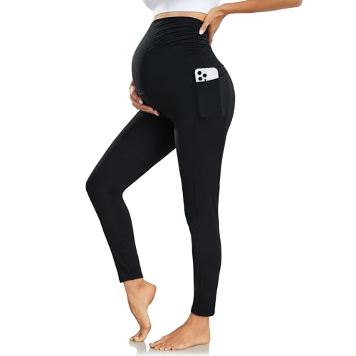 Nlieanuc Legging Grossesse Femme Taille Haute Leggings Maternité avec Poches Opaque Pantalon Grossesse Femme Vetement Enceinte