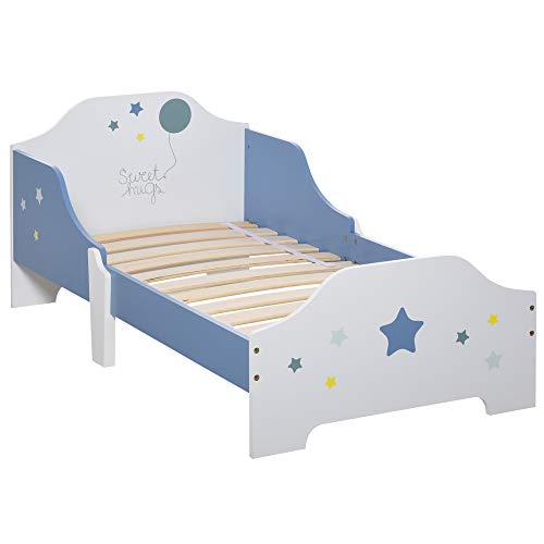 HOMCOM Lit pour Enfants, lit au Sol Enfant, de 3 à 6 Ans, 143 x 74 cm, Design étoiles, sommier à Lattes Inclus, pour Une Chambre d'enfant, Bleu Blanc