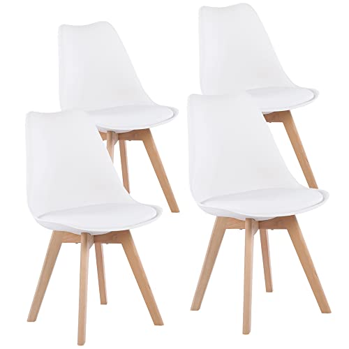 EGGREE 4 Chaises Salle à Manger Scandinaves SGS Tested Lot de 4 Chaises de Cuisine Rétro Rembourrée Chaise de Salle de Bureau, Pieds en Bois de Hêtre Massif, Blanc