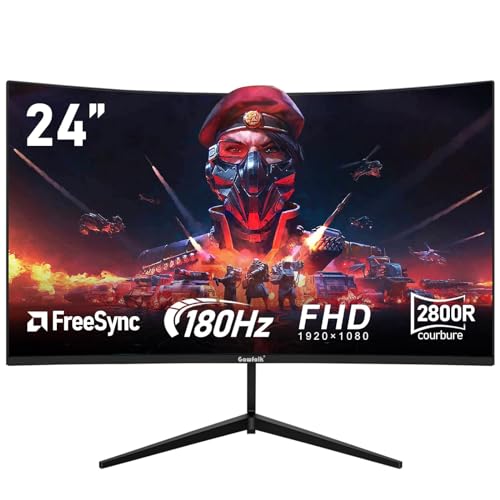 Gawfolk Écran PC 24 Pouces incurvé Gaming Moniteur 180hz, fhd 1080p 1ms sans Lunette, freesync, 100% sRGB，178 ° Angle Vue HDMI DisplayPort, Compatible avec Mural VESA75*75MM - Noir