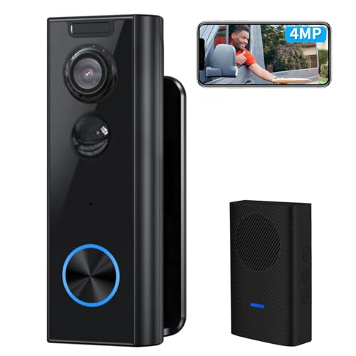 XTU Sonnette sans Fil avec Caméra, 4MP UHD Sonnette sans Fil Exterieur Etanche avec Support Multi-Angle, Détection Mouvement PIR, 2.4G WiFi, Audio Bidirectionnel, Compatible avec Alexa WiFi