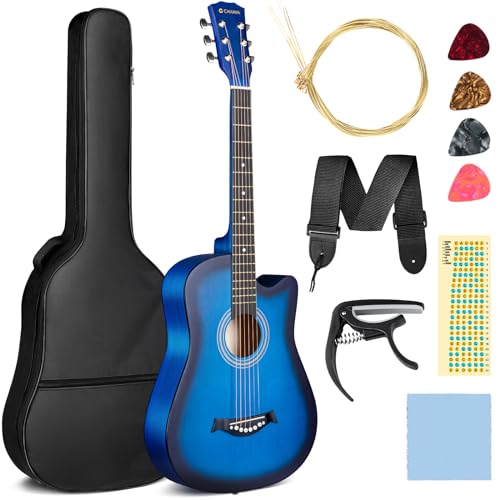 CAHAYA Guitare acoustique en bois de tilleul de 38 pouces : ensemble de guitares acoustiques pour débutants, enfants et adultes, livré avec sac de transport, cordes de rechange, capodastre, médiators,