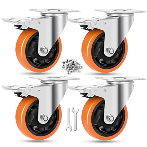 W B D WEIBIDA 100mm Roulettes pour Meubles avec 4 Frein, Roulette Charge Lourde Jusqu'à 540KG, Polyéthylène Roulettes Pivotantes avec Double Blocage pour Chariot, Établi, Meuble, Equipement, lot de 4