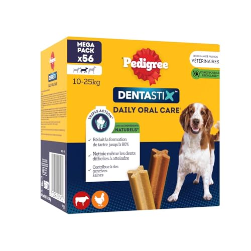 PEDIGREE DENTASTIX Sticks Bucco-Dentaires pour Moyen Chien 10-25kg - 56 Bâtonnets à Mâcher (Lot de 8 Sachets de 7 Friandises) - Hygiène, Scientifiquement Prouvé, Nettoyage Dents au Quotidien