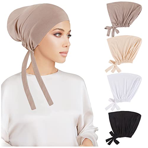 4 Pcs Femmes Bonnet Hijab, Islamique Musulman Hijab Undercap Sous Intérieur Sous Écharpe Chapeau avec Fermeture à Attache Couleur Unie Underscarf Hijab Cap Turban Head Wraps Chemo Sleep Cap (C)