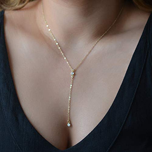 TseenYi Collier en Y avec pendentif en forme de goutte en cristal et strass - Bijou bohème pour femmes et filles (or)