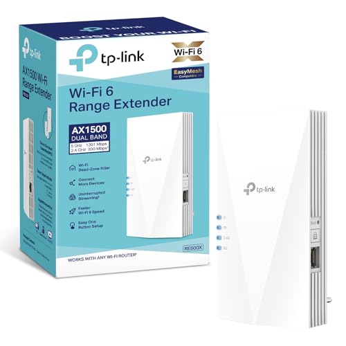 TP-Link Répéteur WiFi 6 RE500X, Amplificateur AX1500 Mbps, Tri-Core 1.5 GHz CPU, 1 Port Ethernet Gigabit, Compatible avec les box internet, profitez sans changer votre Box