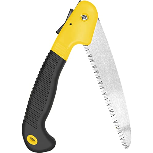 Newaner Scie à élaguer, scie à main, scie pliante d'extérieur Longueur de la lame de scie 18 cm Lame en acier pour réparer les jardins de terrasse, le camping de voyage, scie pliable de 39 cm (jaune)