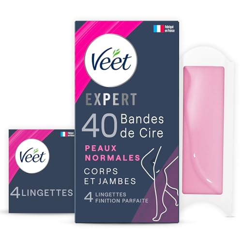 Veet EXPERT - 40 Bandes de Cire Froide Corps & Jambes - Peaux Normales - Finition Parfaite - Epilation Longue Durée