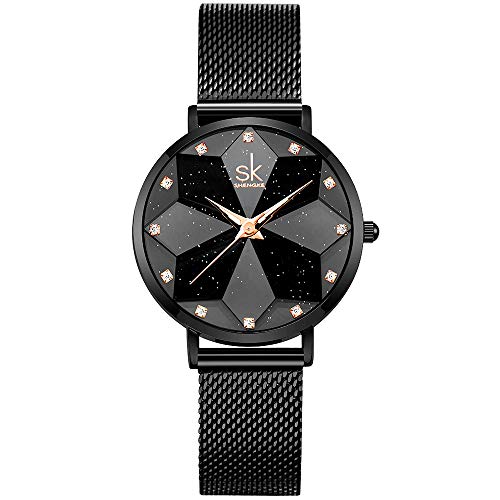 SHENGKE Ladies Montre-Bracelet Creative Marque de Luxe Montre Robe en Maille Femme Montre (Starry-Mesh Band-Black)