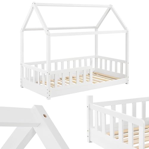 Juskys Lit Enfant Marli avec Protection antichute, sommier à Lattes et Toit - Lit Maison Enfant en Bois Massif (Blanc)(80x160cm)