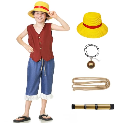 IUTOYYE Garçon Anime Costume Enfant Onepiece Carnaval Cosplay Déguisements Ensemble D'Accessoires Chapeau de Paille Anniversaire Cadeau (dark red, 140)