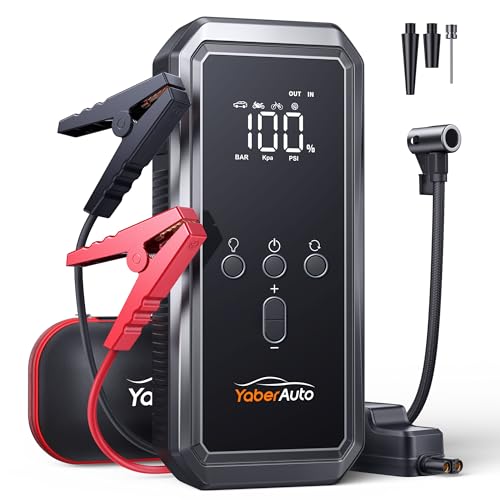 YaberAuto Booster Batterie Voiture avec Compresseur,3000A Booster Batterie Moto/Auto (Jusqu’à 9,0L Gaz ou 8,0 L Diesel) 12V Demarreur Batterie Voiture avec Gonfleur 150 PSI,Grand Écran LED,Lamp LED