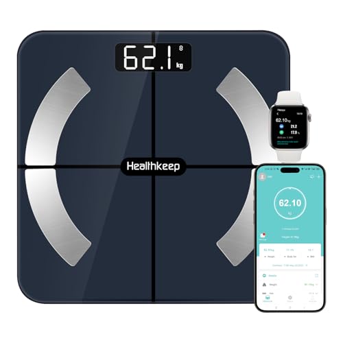 Healthkeep Pèse Personne Numériques, Balance Connectée Bluetooth Impédancemètre avec 13 Données Corporelles (BMI/Graisse Corporelle/Masse Osseuse/BMR/Muscle/Eau) pour APP Max 180kg