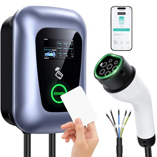 Osoeri Borne de Recharge Véhicules Électrique, EV Chargeur Monophasé ou Triphasé Câble de Type 2 de 5m avec Contrôle RFID et APP, 32A Station de Charge Standard IEC 62196-2 pour Ménage, 7.36-22kW