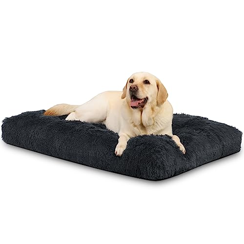 KSIIA Panier Chien Grande Taille, 90x60cm, Coussin Chien Lavable en Machine, Tissu Peluche Doux, Base antidérapante, Tapis Matelas Lit Chien Anti-Stress, Gris Foncé