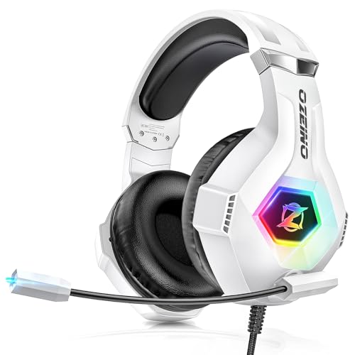 Ozeino Casque Gaming pour Ps5 PC Ps4, Casque Gamer pour Micro RGB 7 Couleurs Transducteurs 50mm Stéréo Basse Micro Anti-Bruit Réglable Compatible avec Switch Xbox Series X & S-Blanc