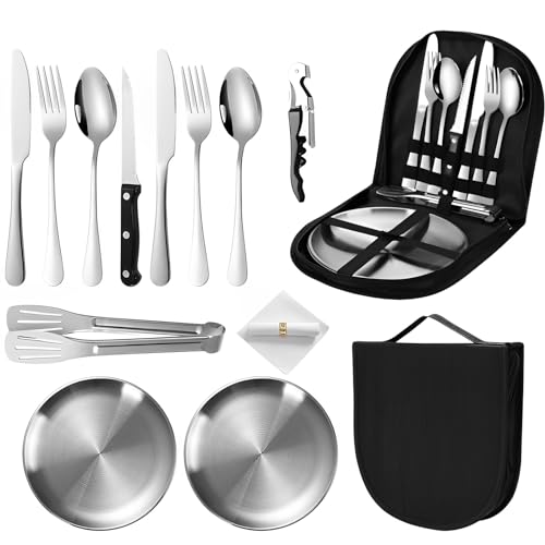 TFSZE 2 Personnes Vaisselle Camping,Inox Vaisselle Camping Ensemble de Vaisselle D'extérieur,12 Pcs Set de Couverts de Camping pour la Randonnée, L'escalade,Barbecues, Le Plein Air（Argent）