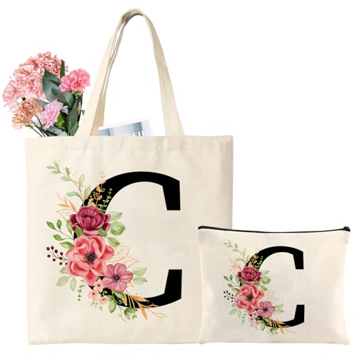 Cadeau Femme Sac Fourre-Tout Initiale Personnalisés Sac en Toile avec Lettre Fleur, Sac Fourre Tout en Coton Trousse de Maquillage, Cadeau pour Maitresse Amie, Anniversaire, Mariage (C)