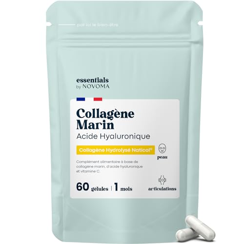 Collagène Marin + Acide Hyaluronique, Peau Hydratée et Articulations Fortes, Cure de 1 mois, 60 Gélules, Hydrolysé Type 1 Naticol®, Et Vitamine C, Made in France, Essentials by Novoma