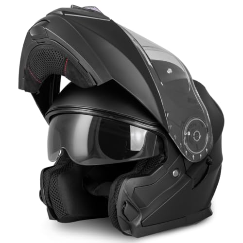 VINZ Santos Casque modulable avec visière Solaire | Préparé pour ECE 22.06 & PINLOCK | Casque intégral Moto | Casque de Moto modulable | Tailles XS-XXL | Noir Mat