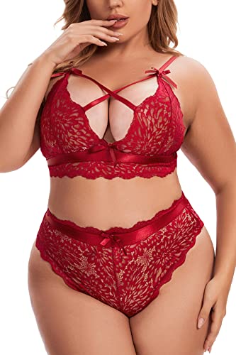 Aranmei Ensemble Lingerie Femme Sexy Grande Taille Soutien-Gorge Dentelle V Profond et Ensemble de Culotte Taille Haute Ensemble Bralette à Bretelles Croisées, Vin Rouge, 2XL