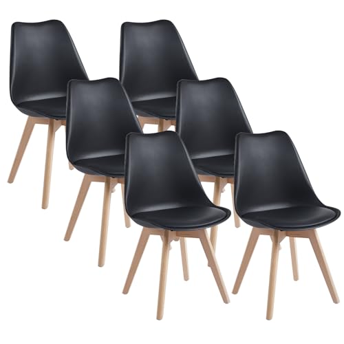 DEWINNER Chaises de Salle à Manger scandinave Lot de 6, Chaise de Bureau rétro, Assise rembourrée en hêtre Massif (Noir, Lot de 6)