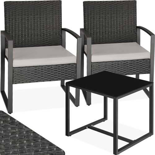 TecTake® Ensemble Salon de Jardin Exterieur 2 Chaise Confortable avec Table de Jardin en Poly Rotin et Acier, Mobilier de Jardin pour Amenagement Balcon Terrasse - Noir