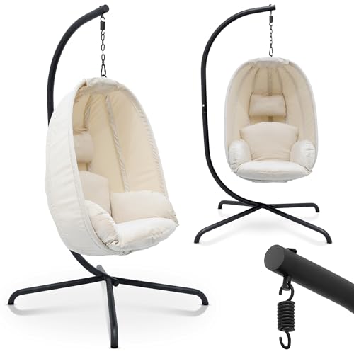 MIADOMODO® Fauteuil Suspendu Oeuf - avec Coussin, Hauteur Réglable, Cadre en Fer, Charge Max 160 kg - Balançoire Chaise, Fauteuil Extérieur, Chaise Suspendue, Jardin, Terrasse (Beige)