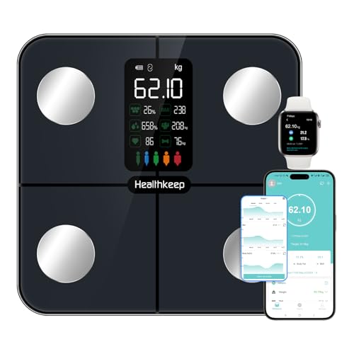 Healthkeep Balance Pèse Personne Balance Connectée Impédancemètre avec Affichage VA 15 Données Corporelles et Fréquence Cardiaque pour APP Andriod et iOS Max. 180kg/400lb, Bleu