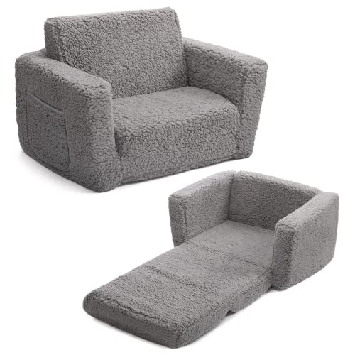 BEJOY Fauteuil Enfant Convertible en Canapé-lit 2-en-1 Sherpa Doux, Cadeau Parfait pour Anniversaire et Fête des Enfants, Gris