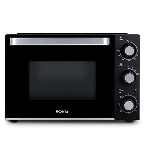 H.Koenig Mini Four 20L Electrique FO20 Posable Compact Multifonction Performant 1400W Programmable 4 modes de cuisson, 230°, Minuteur 60 min, Porte en Verre double vitrage, Plaque cuisson antiadhésive