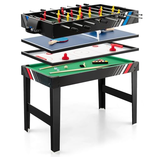 COSTWAY 4 en 1 Baby-Foot avec 18 Joueurs & Billard & Hockey & Tennis de Table, Table de Jeu Empilable avec Marqueur Manuel, Jouets pour Fête & Bar pour Enfants & Adultes, 125 x 97 x 83 cm