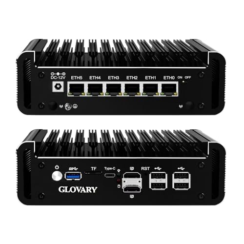 Glovary Firewall Mini PC Quad Core N100, DDR5 8GB RAM 128GB NVMe SSD, 6 x 2.5GbE i226V LAN, Micro Fanless Appliance, Routeur Hardware, AES-NI, OPNsense, TypeC Port, TF Card Slot