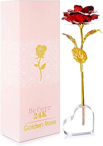 PIQIUQIU Rose avec Base en Forme de Coeur, Fleur Rose Eternelle pour Elle Maman Femme Petite Amie au Saint Valentin Fête