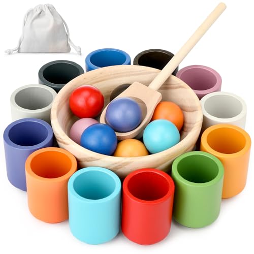 Royouzi Jouet en Bois Montessori, Jouet empilable en Bois, Jouet Montessori Jeu de Trieur, 12 boules de 30 mmpréscolaire pour Le tri des Couleurs et Le comptage, Cadeau pour Les 2 3 4 5 Ans