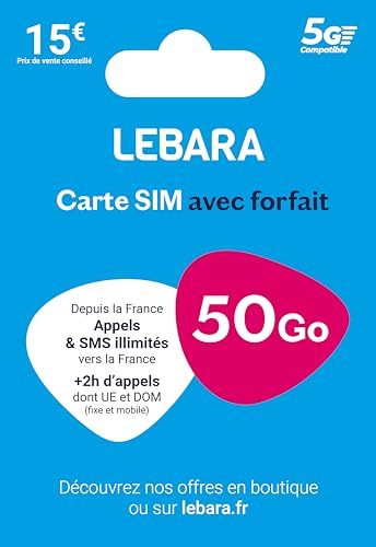 Lebara Carte Sim + appels et SMS illimités France + 2h vers 43 Destinations + 20Go + 30 Go offerts !