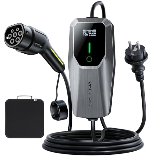 VDLPOWEREU Chargeur Voiture Electrique,3.6KW/5M EV Chargeur Type 2, Écran Tactile LED, Cable Recharge Véhicule Electrique 6-16A avec EU Schuko Prise, Borne de Recharge Monophasé IP65 (IEC 62196-2)