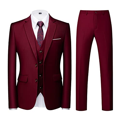 KUDORO Costume Homme 3 pièces Mariage Business Slim Fit Smoking Simple Poitrine à Deux Boutons, Men Suits 3 Piece Bourgogne pour Fête Confort Blazer Veste et Pantalon Gilet(Bourgogne,L)