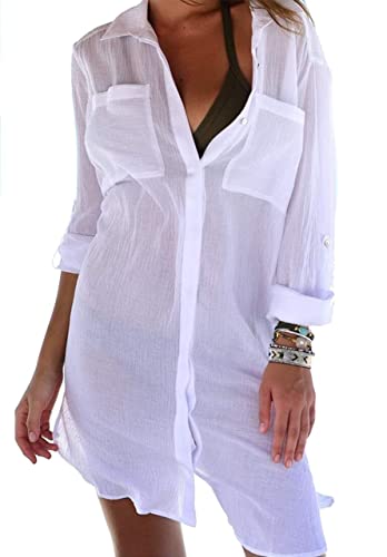 JFAN Femme Été Chemise Tunique Paréo Cover Up Blouse Boutonnee Col V Maillot De Bain Cache-Maillots Et Sarongs Haut Blanc Robe de Plage Femme