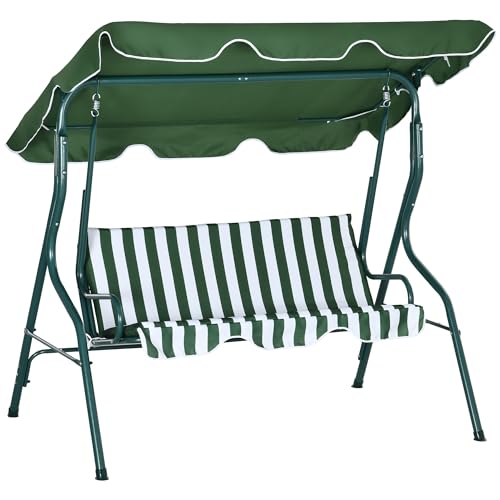 Outsunny Balancelle de Jardin 3 Places Toit imperméabilisé Inclinaison réglable Coussins Assise Dossier 1,7L x 1,1l x 1,53H m Acier époxy Polyester Vert Blanc rayé