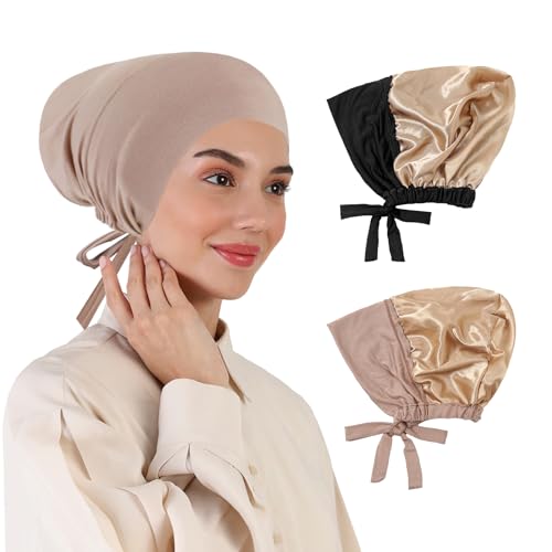 XEPST 2 PCS Hijab Undercap pour Femmes, Satin Sous Casquette pour Hijab Musulman Islamique Sous Casquette Hijab Modal Hijab Head Wraps Tie Back Bonnet Turbans pour Femmes Chimio Sleep Cap,Noir + Kaki