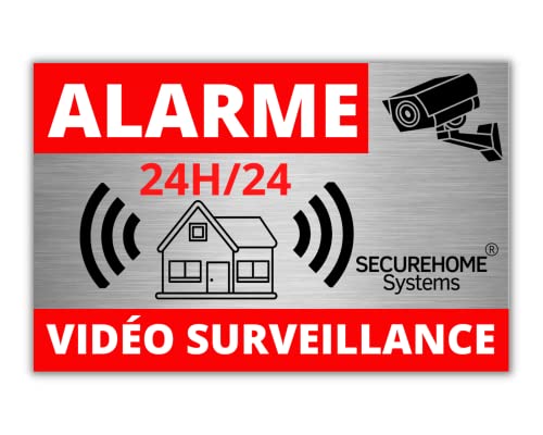 SecureHome Systems - Lot de 8 autocollants effet alu dissuasifs vol - Alarme + Vidéo-surveillance 24h/24- Haute qualité, résistance pluie et UV - 8,5x5,5cm