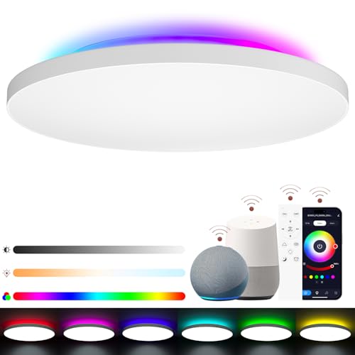 LUTW Plafonnier LED Dimmable 24W 2400lm, Luminaire Plafonnier avec RGB Rétroéclairage Contrôle Télécommande et APP, Compatible avec Alexa et Google Assistant, Lampe Plafond 2700K-6500K, Ø28CM