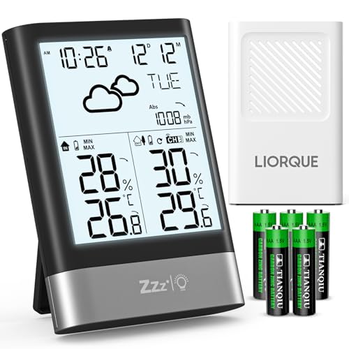 LIORQUE Station Météo Sans Fil avec Capteur, Thermomètre Hygromètre Baromètre Intérieure Extérieure Température Prévisions Météorologiques, LCD Ecran Rétro éclairage Horloge Numérique Alarme Snooze