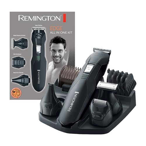 Remington Tondeuse Barbe [Multifonction 10 accessoires] Edge (Polyvalent: Poils du visage & du corps,Lames Acier, 4 têtes interchangeables + 6 Sabots, Sans fil,Socle de rangement) Tondeuse PG6030