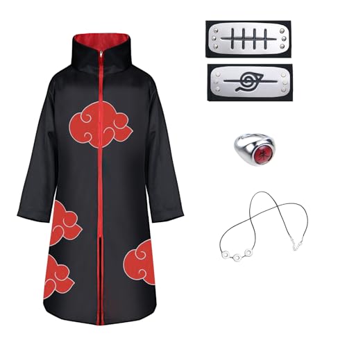 ACWOO Anime Déguisement de Costume Akatsuki Cosplay Halloween et Noël Cape Déguisement avec Collier Anneau Bandeau pour Enfants et Adultes (XS)