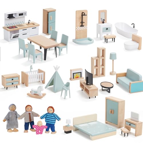 Kit de Meubles de Maison de Poupée en Bois, 36 Meubles avec 4 Poupées Familiales, Accessoires de Maison de Poupée, Jeux de Simulation pour Garçons, Filles et Tout-Petits 3 Ans +