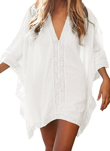 Walant Robe de Plage pour Femmes V-Cou Bikini Cache-Maillots Taille Unique Coton mélangé Dentelle Chemise Robe Couvrir Beach Maillots de Bain Cover Up