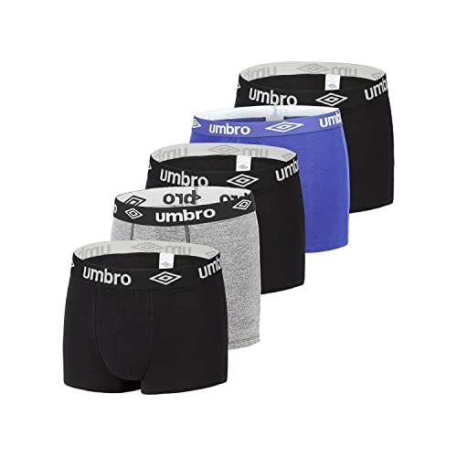 Umbro Boxer Homme 100% Coton, Calecon Homme, Respirant, Agréable (Lot de 5), Noir, Gris, Bleu, Taille M